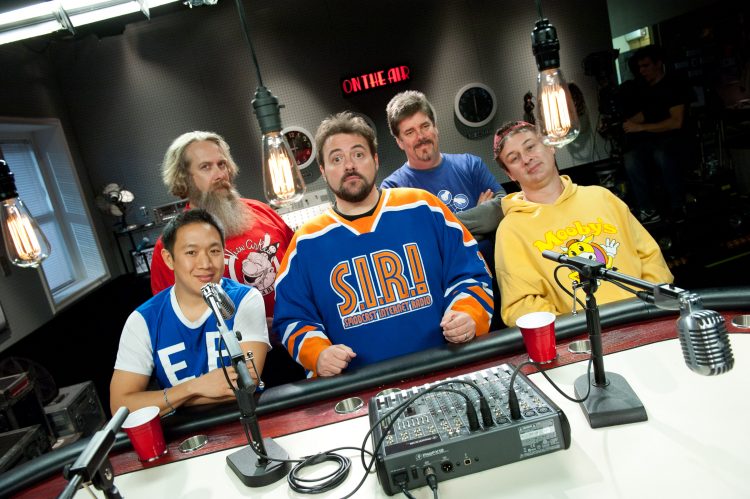 (L-R) Ming, Bryan, Kevin Smith, Mike and Walt in Season 1 of "Comic Book Men." Photo: David M. Russell/AMC.
